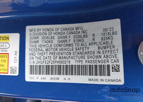 2023 Honda Civic Lx from USA, damaged, VIN 2HGFE2F25PH560216